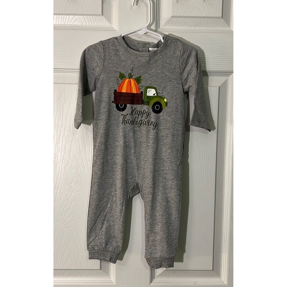 Peppy Mini Romper Baby 12M Gray New Thanksgiving Pumpkin Truck Long Sleeve
